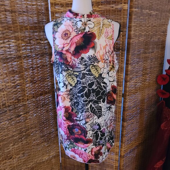 VTG 90s Y2K Spense Sheer Blouse Sleeveless Burgundy Black Floral Pleat Front M - Picture 4 of 5